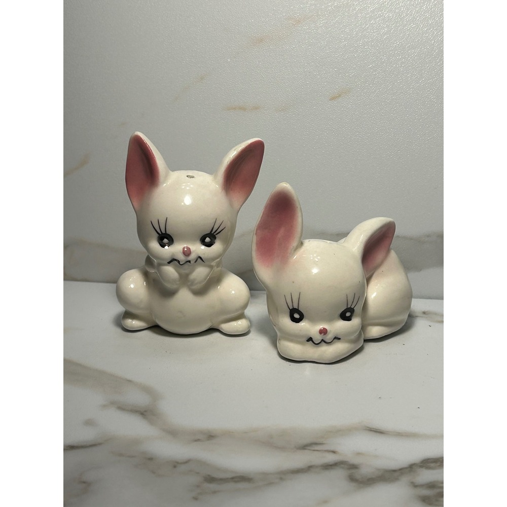 Vintage 1980 Enesco White Bunny Rabbit Salt and Pepper Shakers Set Pink Ears